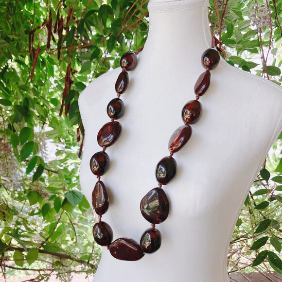 Vintage Italian Glazed Ceramic Chunky Beaded Necklace Brown Boho 1990s Statement - Picture 11 of 15